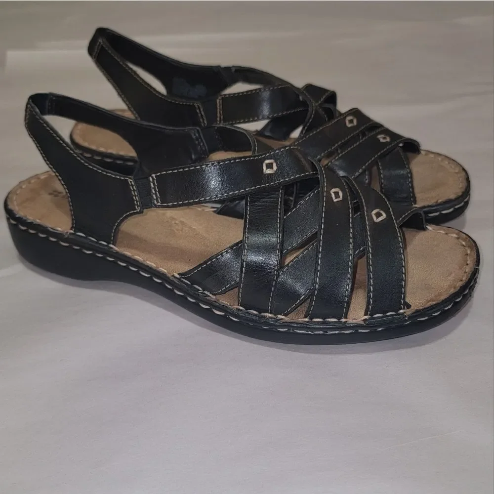 Naturalizer Craft Black Leather Strappy Comfort Sandals w Thick Stitching Sz 9.5